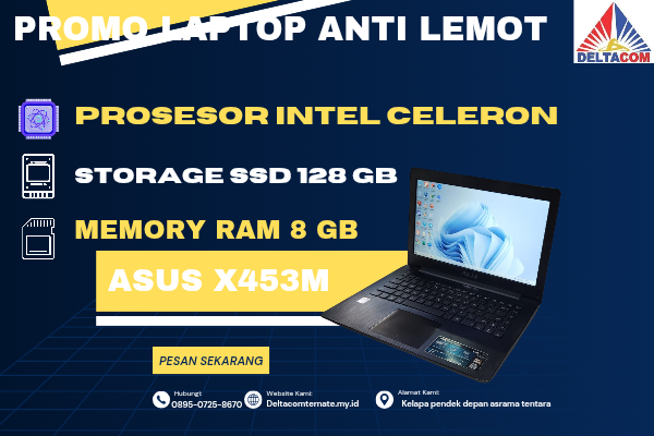 ASUS X453M , TYPE BARU BODY SLIM, PROSESOR INTEL CELERON MEMORY RAM 8 GB STORAGE SSD 128 GB DISPLAY 14 INCH MULUS , WARNAH MERAH, LECET SDIKIT,